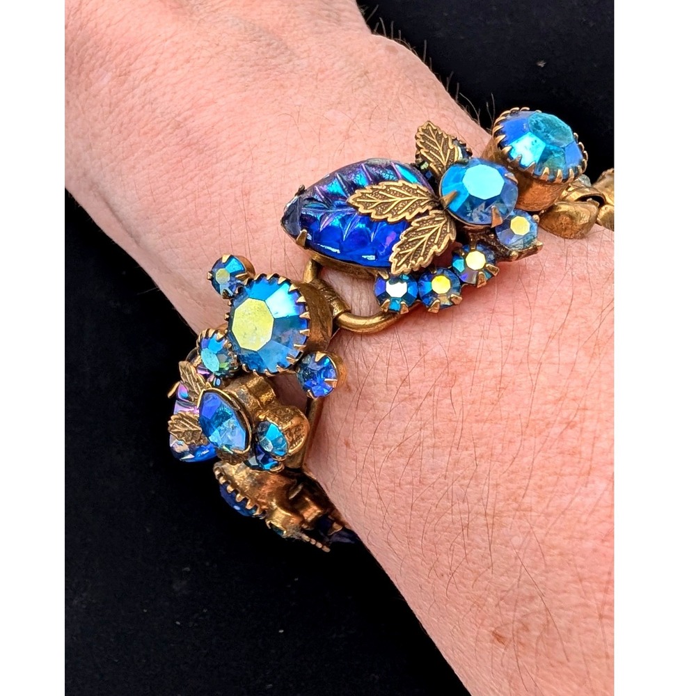Vintage Blue Aurora Borealis Crystal Floral Gold Tone Bracelet Safety Chain - Picture 3 of 4